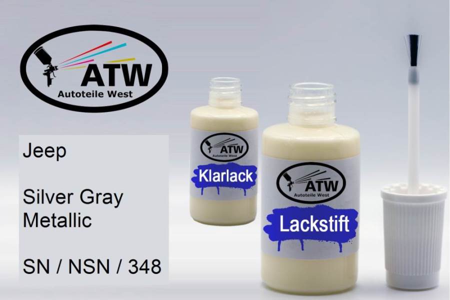 Jeep, Silver Gray Metallic, SN / NSN / 348: 20ml Lackstift + 20ml Klarlack - Set, von ATW Autoteile West.